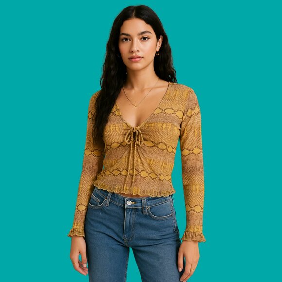 Moda International Snake Print Sheer Tie Front Top (Size S) Y2K Mesh Long Sleeve - Picture 1 of 7